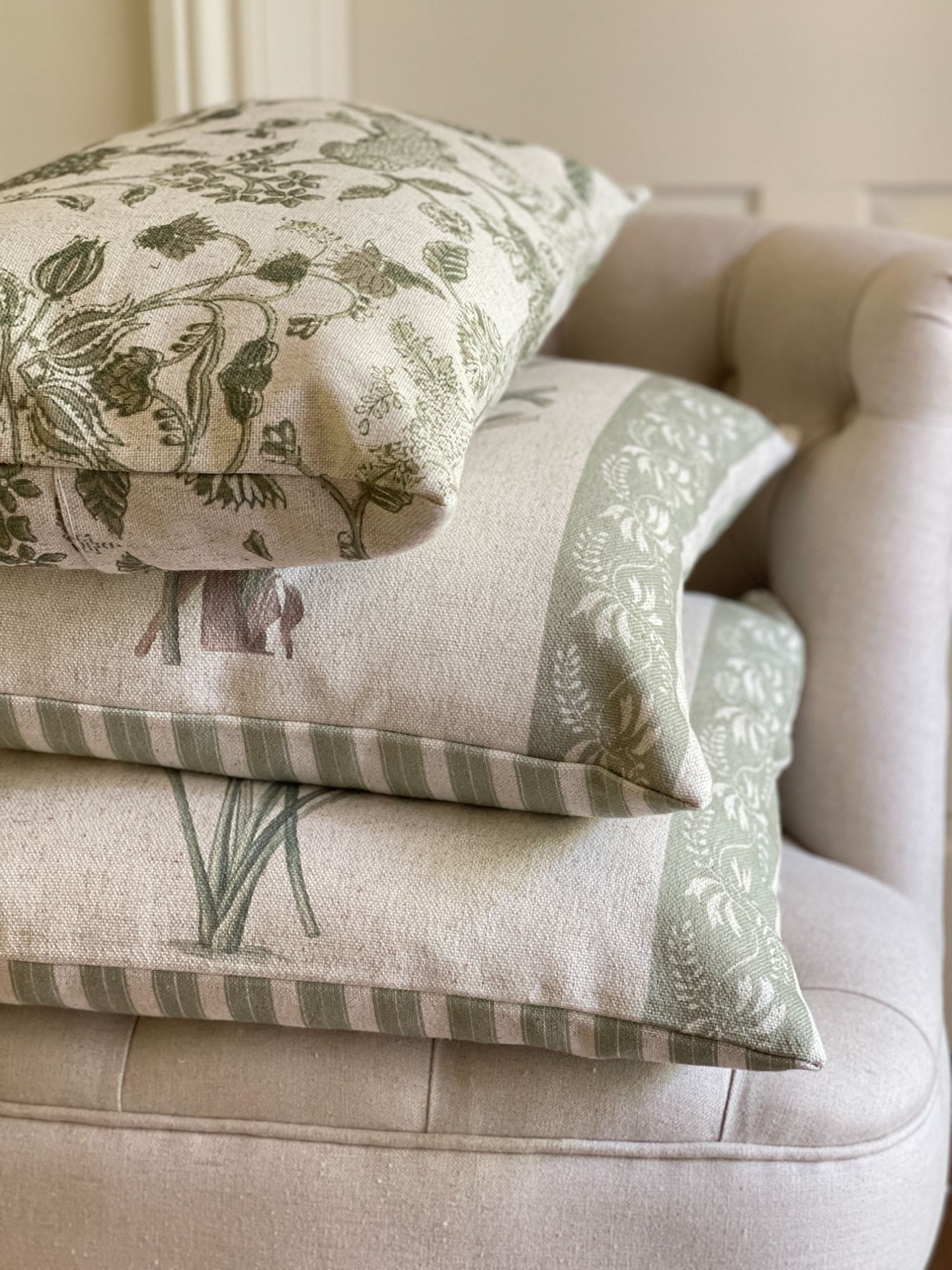 Linen cushions in Vintage Green and White