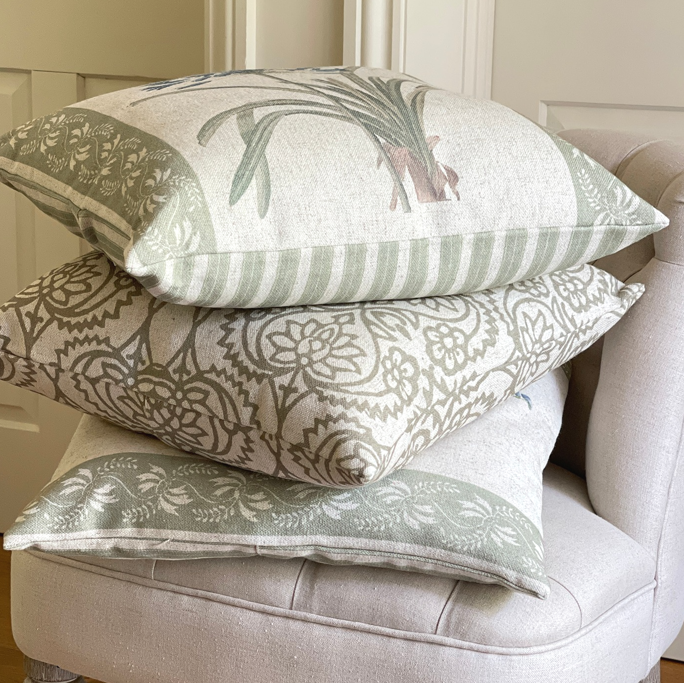 Linen cushions in Vintage Green and White