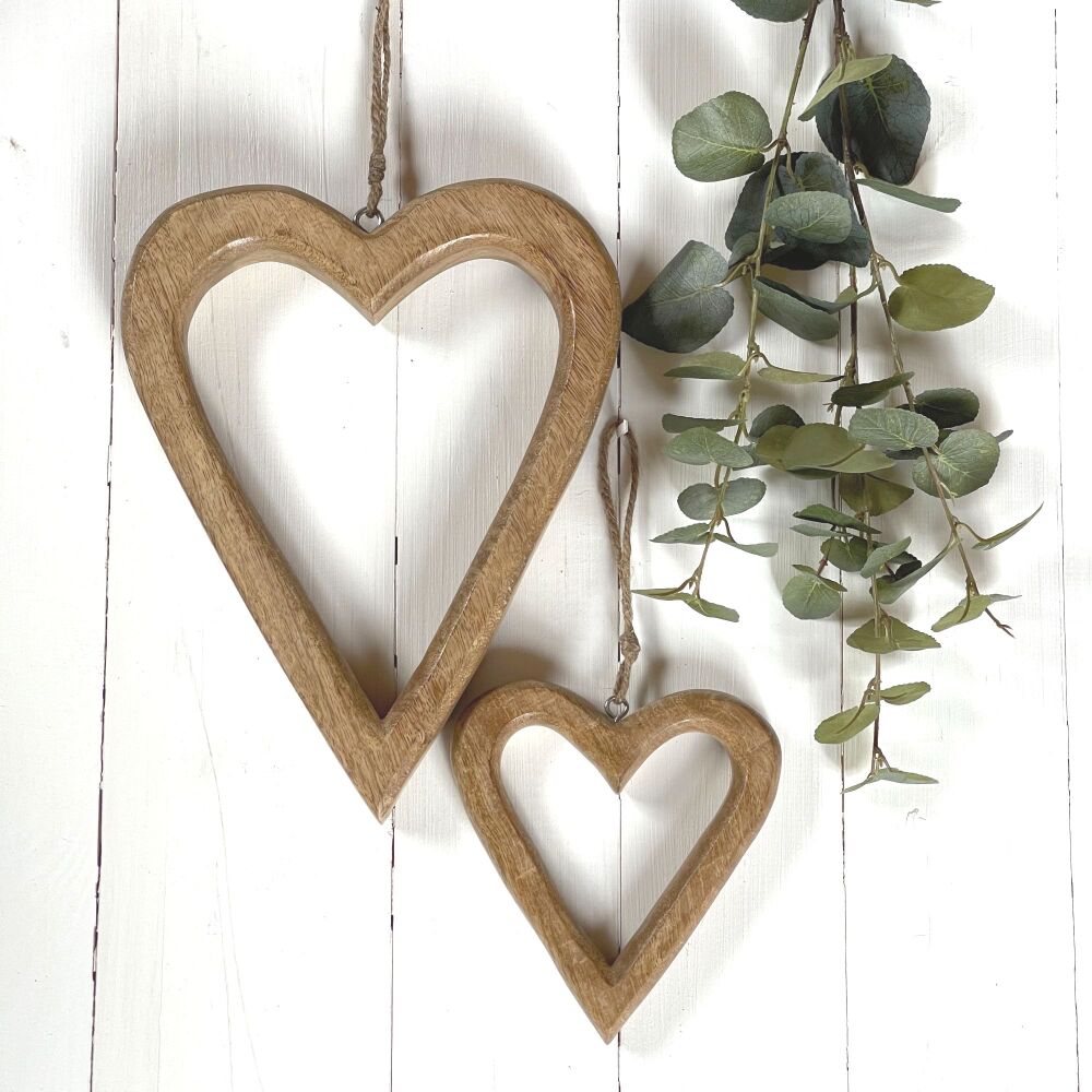 Pair of Decorative Natural Wooden Hanging Hearts - Large