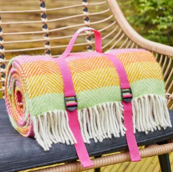 WATERPROOF Backed Wool Picnic Rug in Herringbone Multi Refresh Stipe with Practical Carry Strap