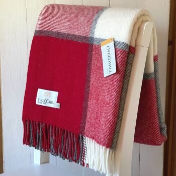 Tweedmill Multi Check Winter Red , Cream & Grey Pure New Wool Throw Blanket