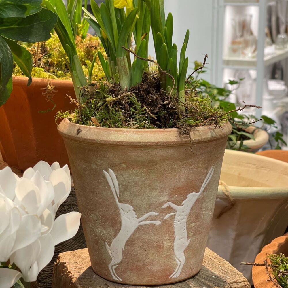 Boxing Hares Terracotta Plant Pot / Flower Pot with white glazed hares