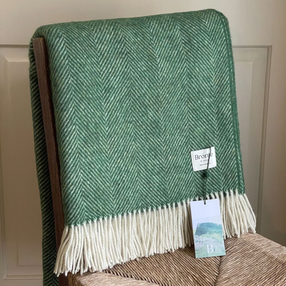 BRONTE by Moon Herringbone Forest Green Shetland Wool Throw Ltd Edition