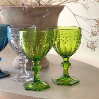 Coloured Glass Footed Wine Goblets Pair - Green