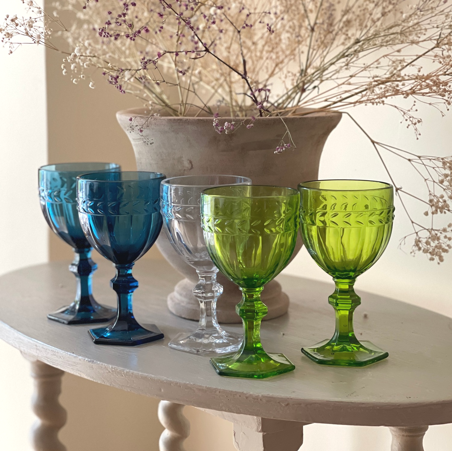 Coloured glass wine goblets