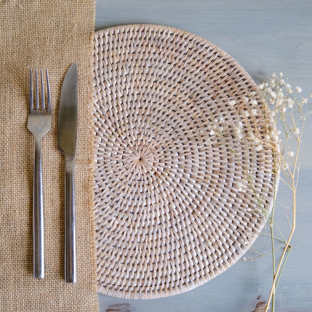 Rattan Wicker Artisan Round Table Placemats Pair - Natural Whitewash