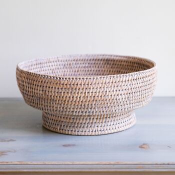 Rattan Wicker Artisan Round Footed Fruit Bowl / Display Bowl - Natural Whitewash