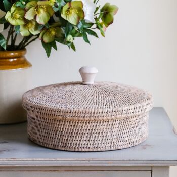 Rattan Wicker Artisan Round Lidded Box or Basket - Natural Whitewash