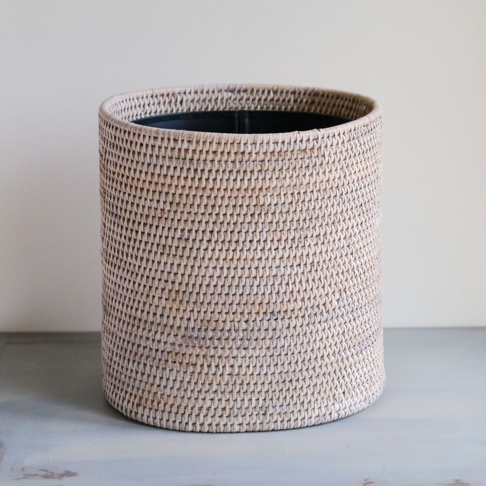 Rattan Wicker Artisan Oval Waste Paper Bin Basket - Natural Whitewash