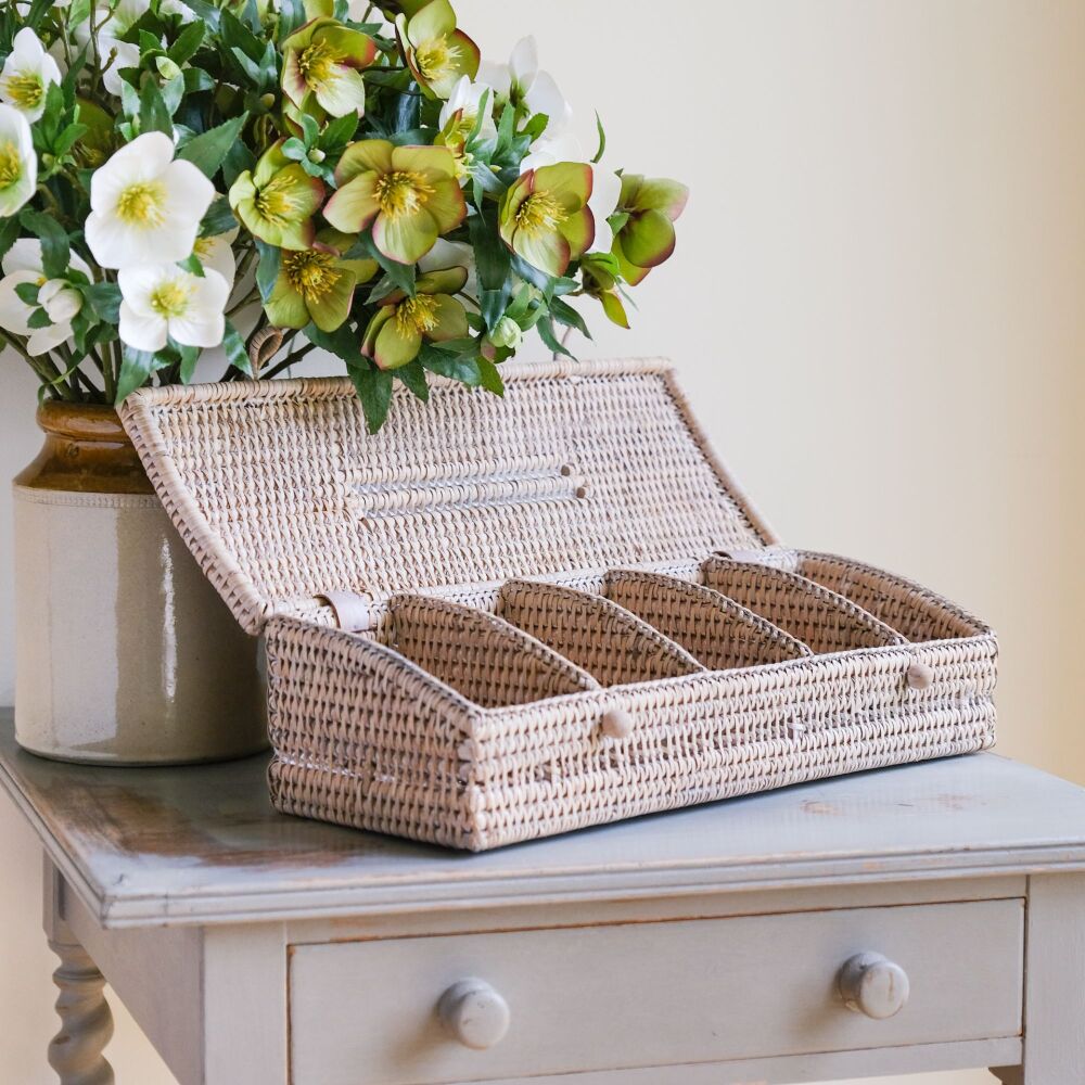 Rattan Wicker Artisan Tea Caddy Storage Basket - Natural Whitewash