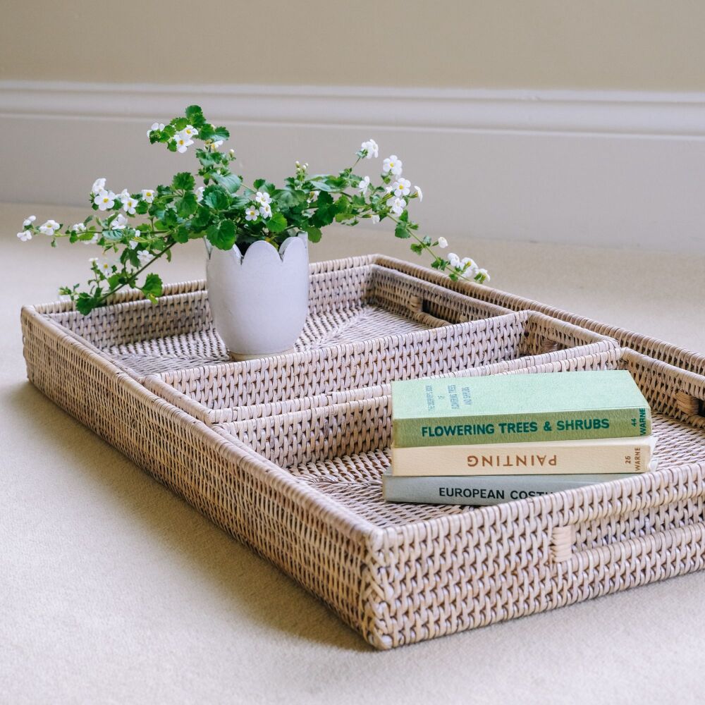 Rattan Wicker Artisan Tray Set Four in One - Natural Whitewash