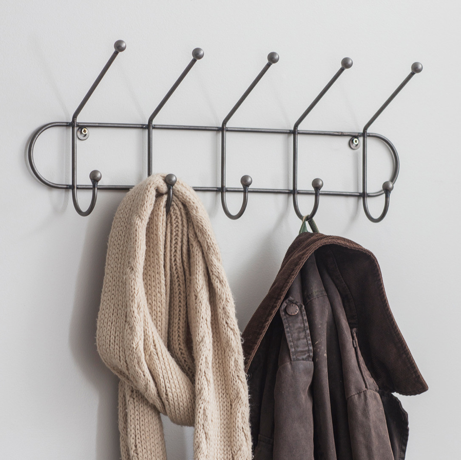 Clothes / Coat Hook Rail in Dark Vintage Metal - Five Double Hooks