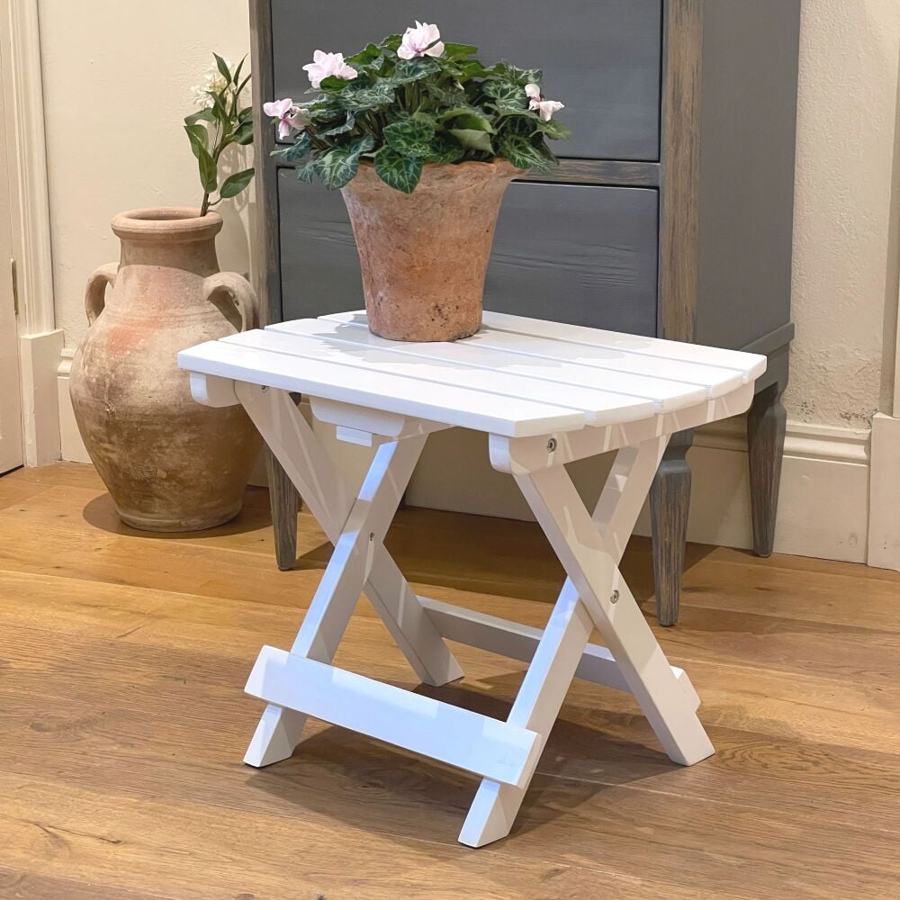 White Wooden Foldable Small Side Table - Indoor / Outdoor