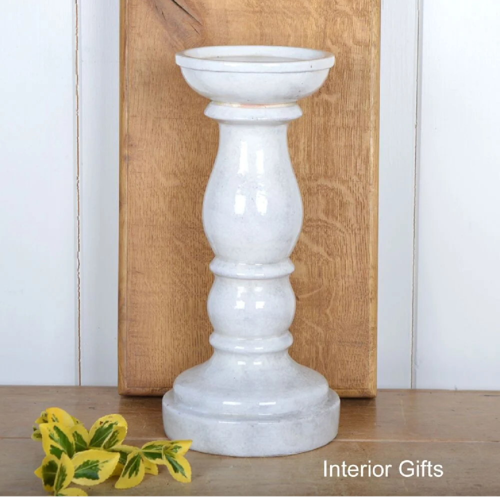 Ceramic Pillar Candle Holder Handmade Antique White - Large 34 cm H