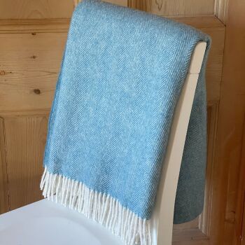 Herringbone Pure New Wool Sea Blue Throw Blanket
