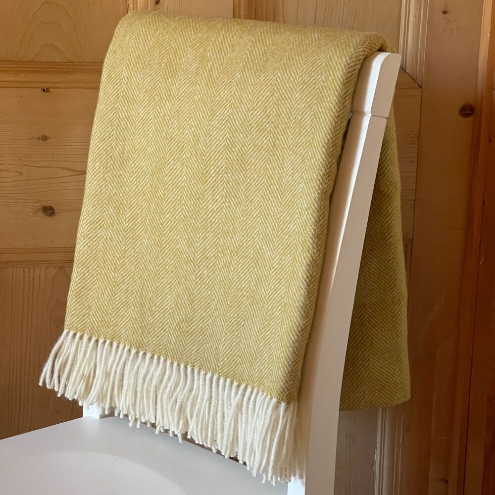 Herringbone Pure New Wool Mustard Yellow Throw Blanket