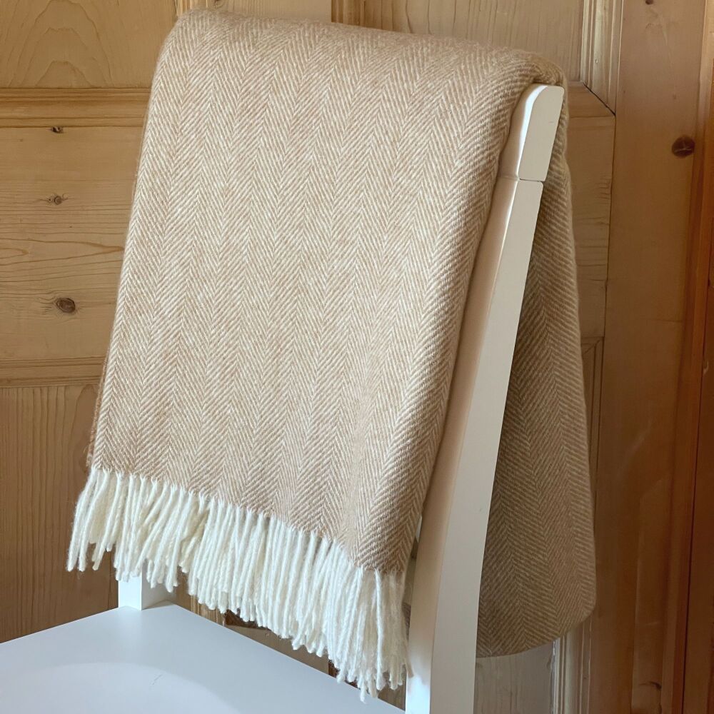 Herringbone Lambswool  Camel & Cream Pure New Wool Throw Blanket