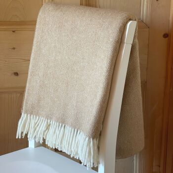Herringbone Lambswool  Camel & Cream Pure New Wool Throw Blanket