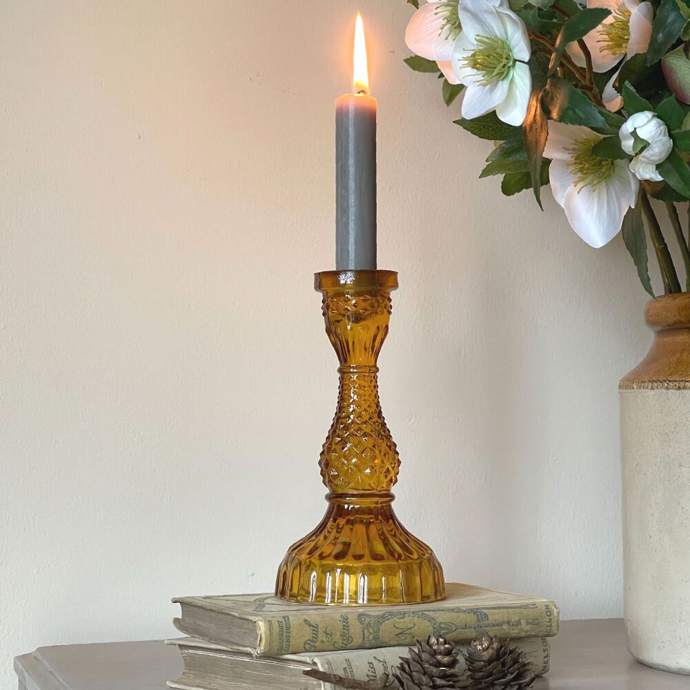 Coloured Glass Candle Holder / Candlestick - Amber