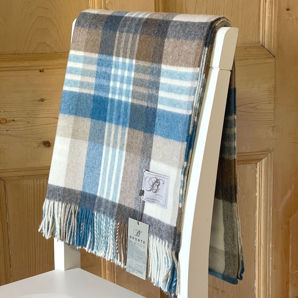 BRONTE by Moon Melbourne Camel & Aqua Check Throw in Supersoft Merino Lambs