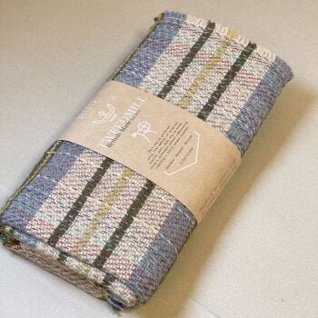 Wool Recycled Throw / Blanket / Picnic Rug in Oatmeal Beige, Olive, Ochre & Blue/Grey Colours - 100% wool