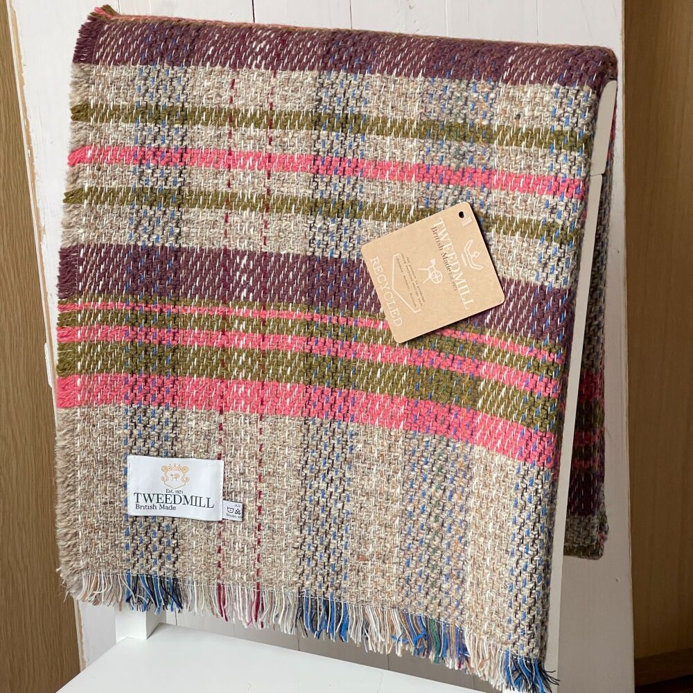 Wool Recycled LARGE Throw / Blanket / Picnic Rug - Beige, Pink, Olive Natur