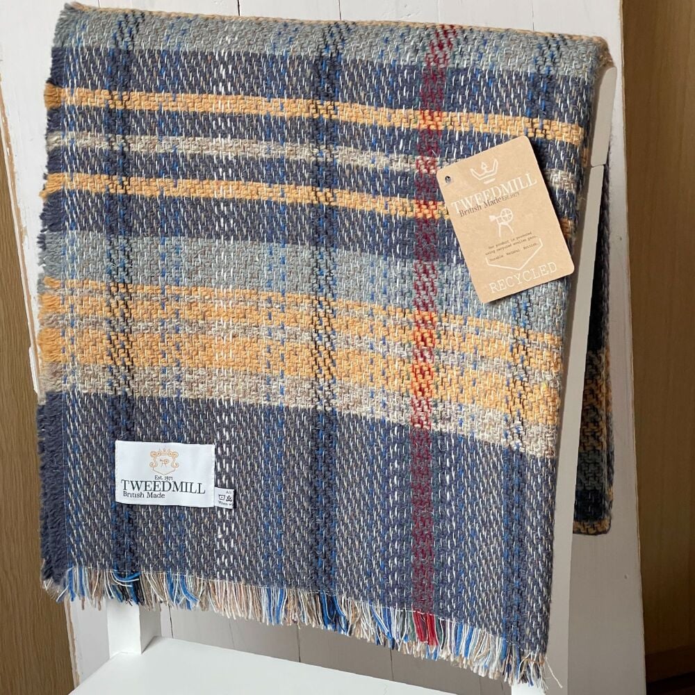 Wool Recycled LARGE Throw / Blanket / Picnic Rug - Blue & Saffron Orange Na