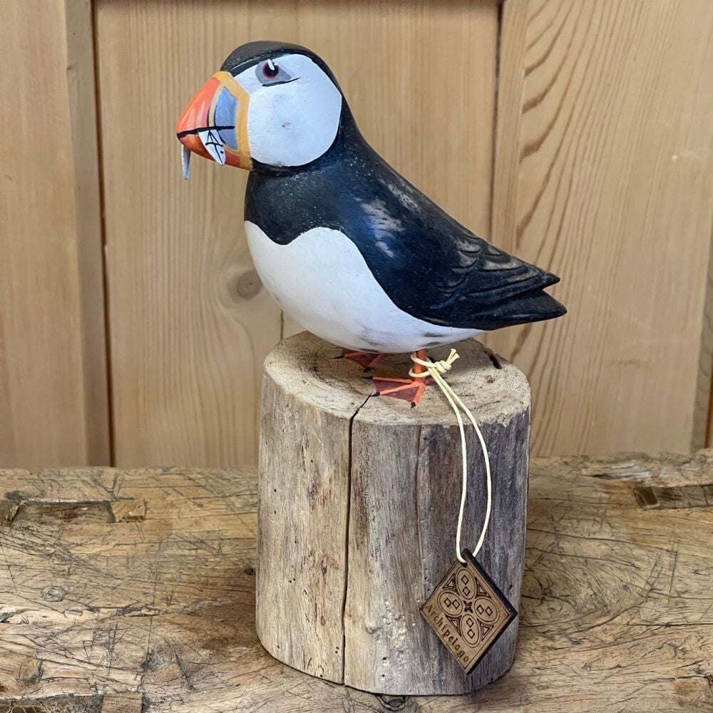 Archipelago Puffin with Fish Small Bird Wood Carving