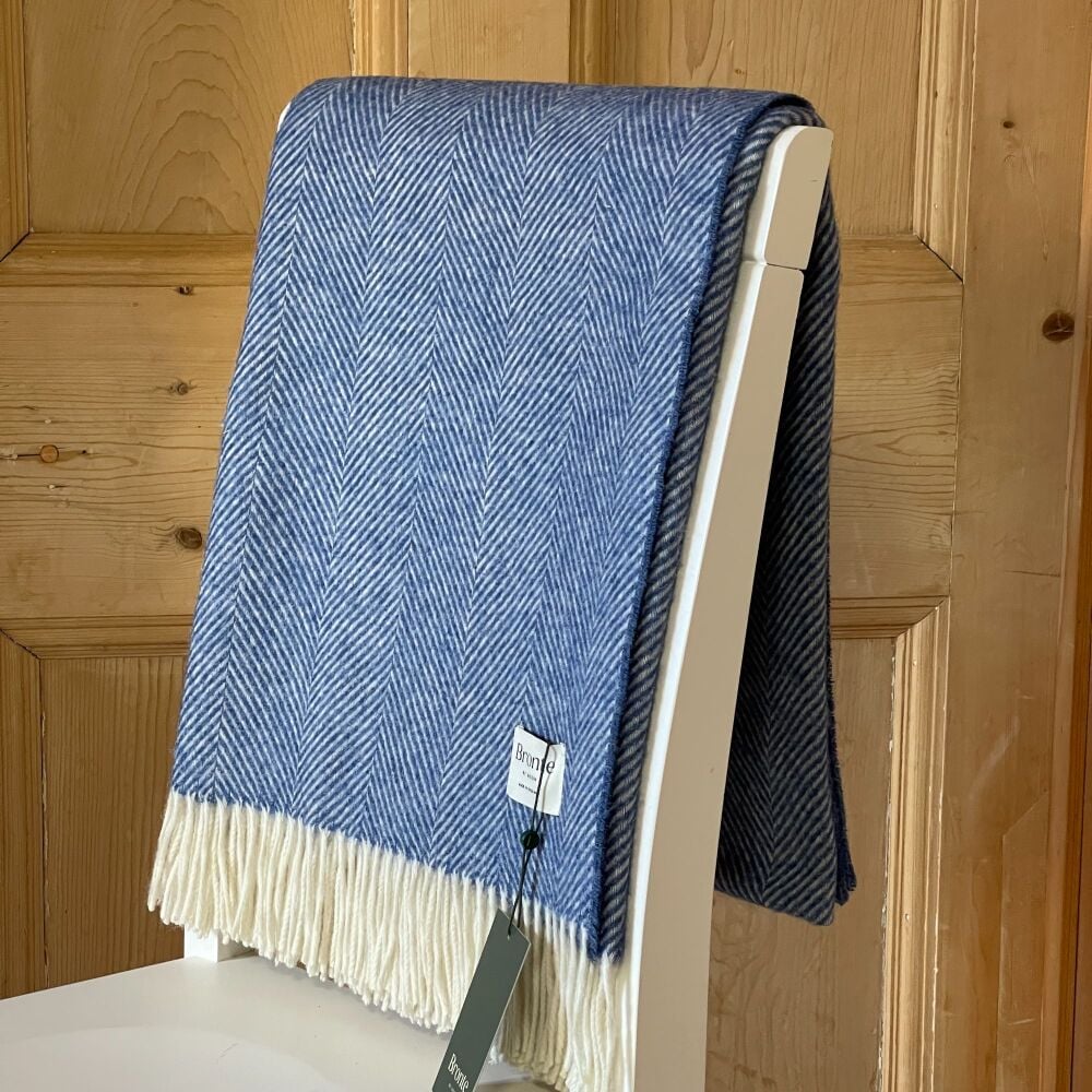 BRONTE by Moon Herringbone Medium Blue Shetland Wool Throw Ltd Edition