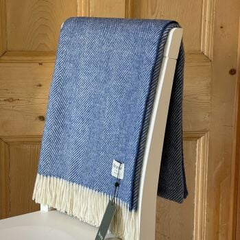 BRONTE by Moon Herringbone Medium Blue Shetland Wool Throw Ltd Edition