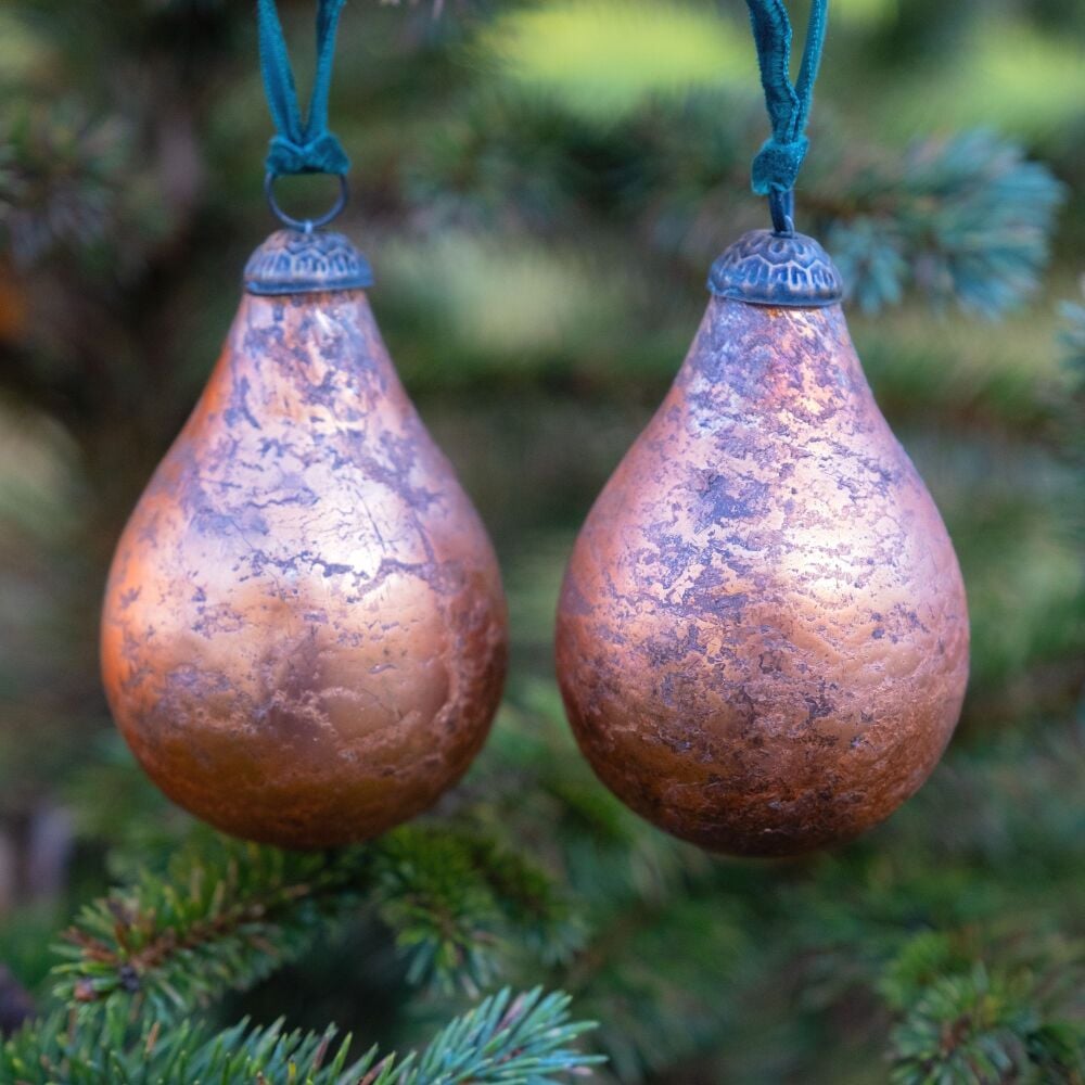 Christmas Tree Decoration Vintage Pear Bauble in Antique Russet- Pair