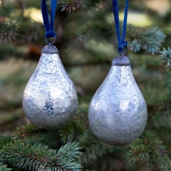 Christmas Tree Decoration Vintage Pear Bauble in Antique Silver - Pair