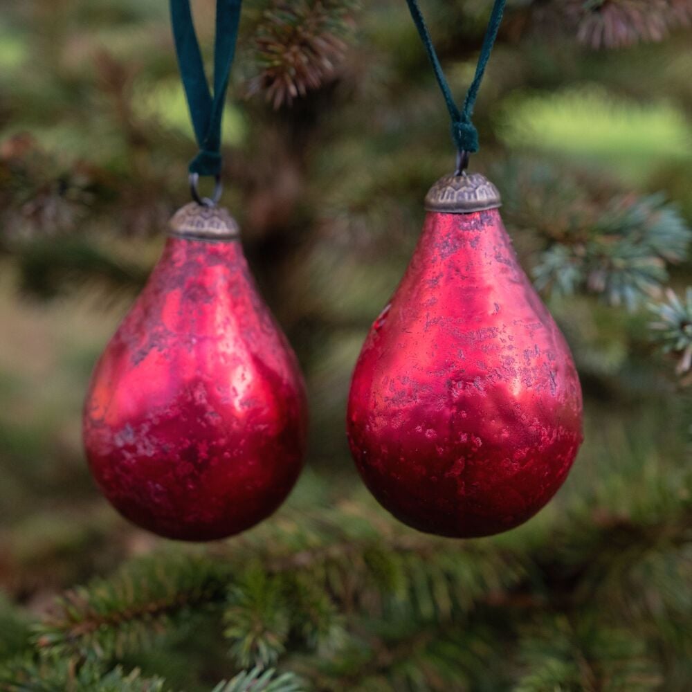 Christmas Tree Decoration Vintage Pear Bauble in Ruby Red - Pair