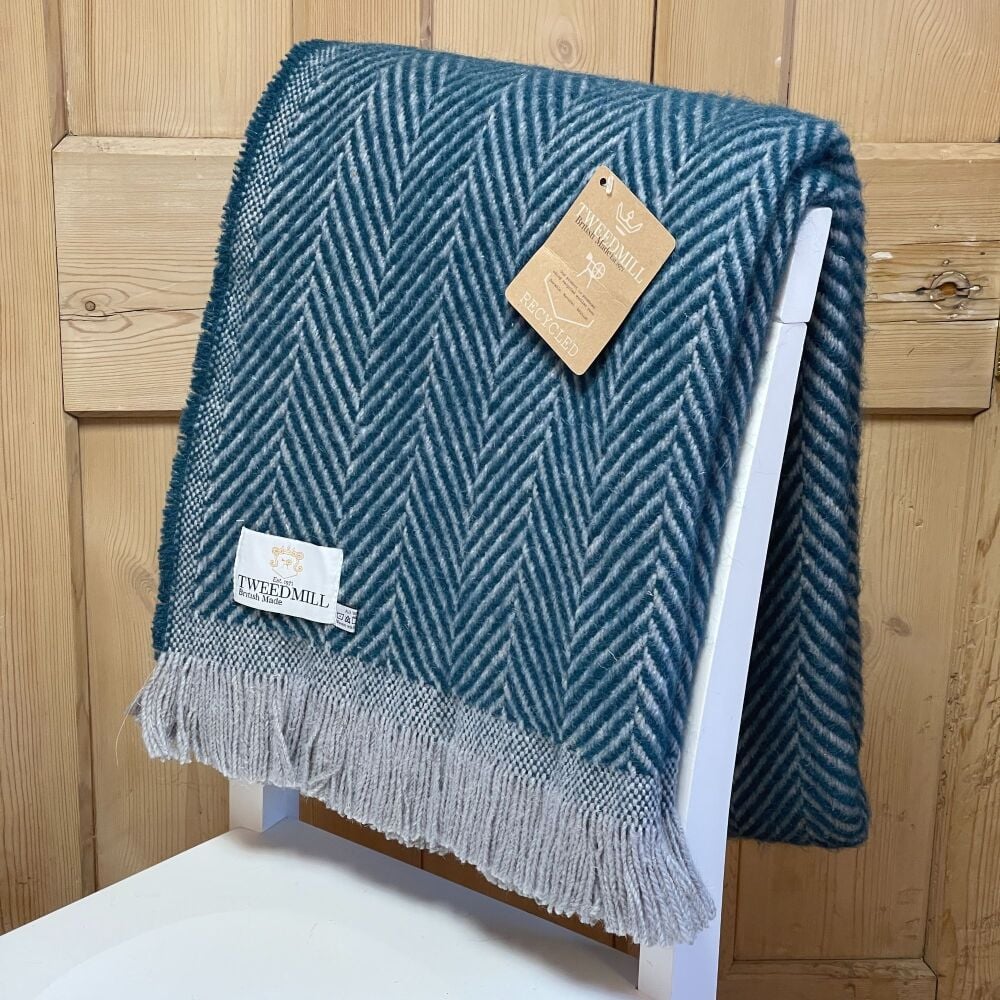 Tweedmill Recycled Herringbone Heavyweight LARGE Throw / Blanket  - Ink Blu