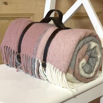 WATERPROOF Backed Wool Picnic Designer Rug / Blanket in Dusky Pink & Charcoal Multi Check with Leather Carry Strap.