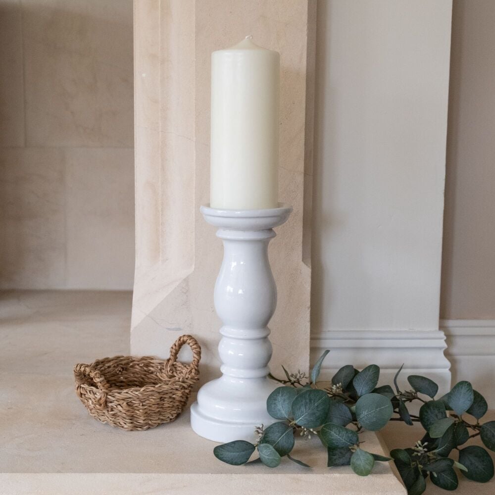Ceramic Pillar Candle Holder Handmade Antique Stone White - Large 34 cm H