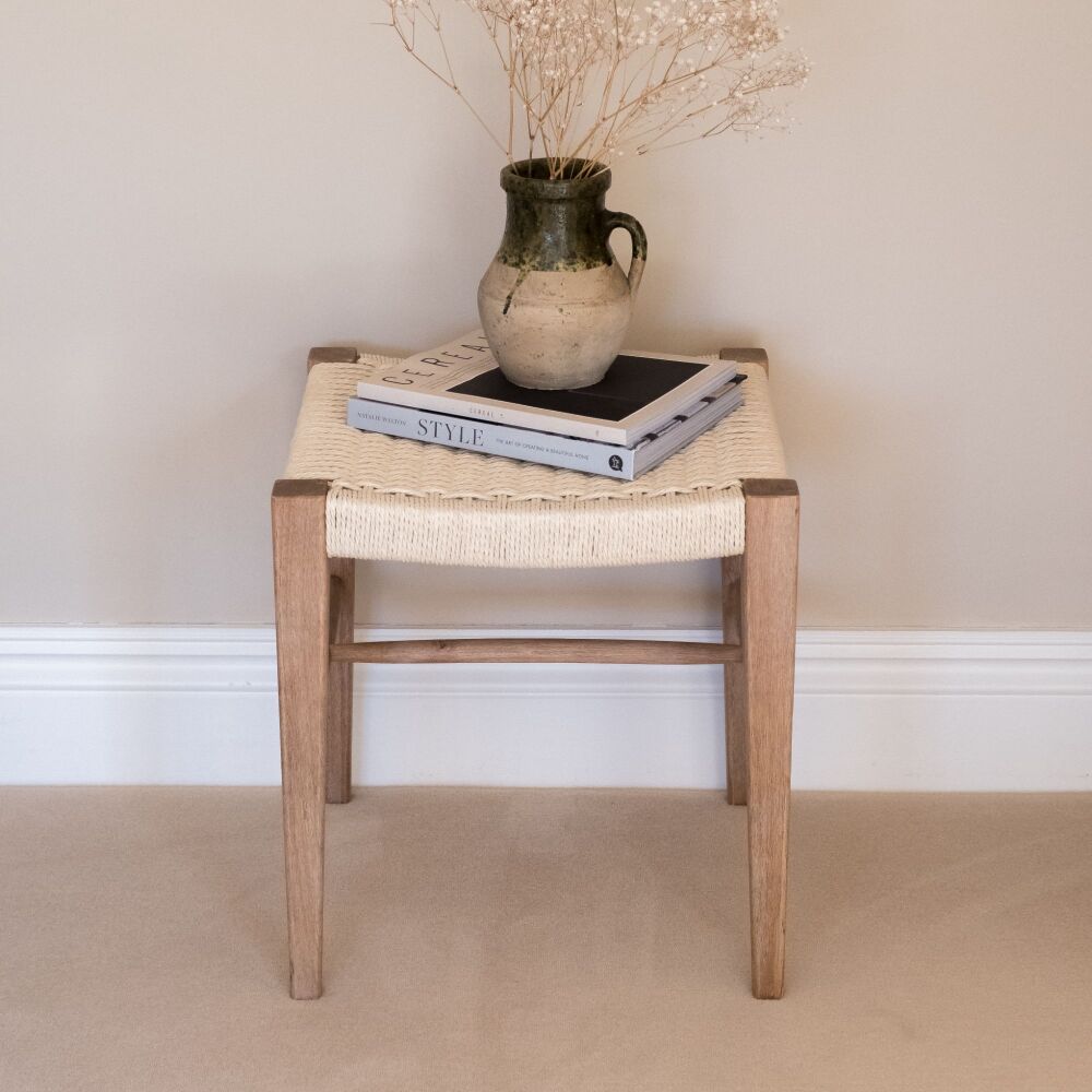 Wooden Stool with Natural Cream Wicker Woven Seat