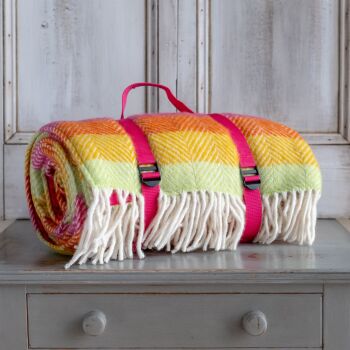 WATERPROOF Backed Wool Picnic Rug in Herringbone Multi Refresh Stipe with Practical Carry Strap