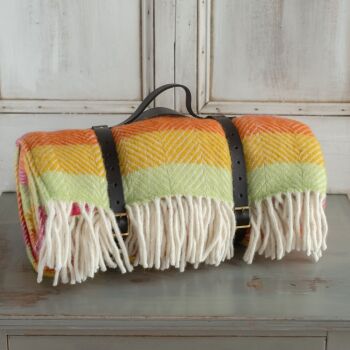 WATERPROOF Backed Wool Picnic Rug in Herringbone Multi Refresh Stipe with Leather Carry Strap