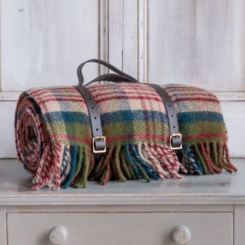 WATERPROOF Backed Wool Picnic Rug / Blanket in Country Thistleberry Check with Leather  Carry Strap