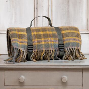 WATERPROOF Backed Wool Picnic Rug / Blanket in Country Olive & Ochre Check with Webbing Carry Strap