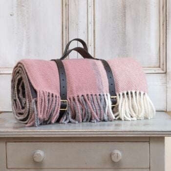 WATERPROOF Backed Wool Picnic Designer Rug / Blanket in Dusky Pink & Charcoal Multi Check with Leather Carry Strap.