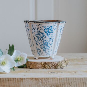 Blue & White Rustic Oval Footed Ceramic Plant Pot / Cachepot