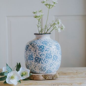 Blue & White Rustic Ceramic Round Flower Vase - 20 cm H