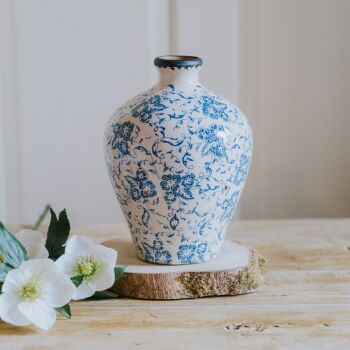 Blue & White Rustic Ceramic Shaped Flower Vase - 20 cm H