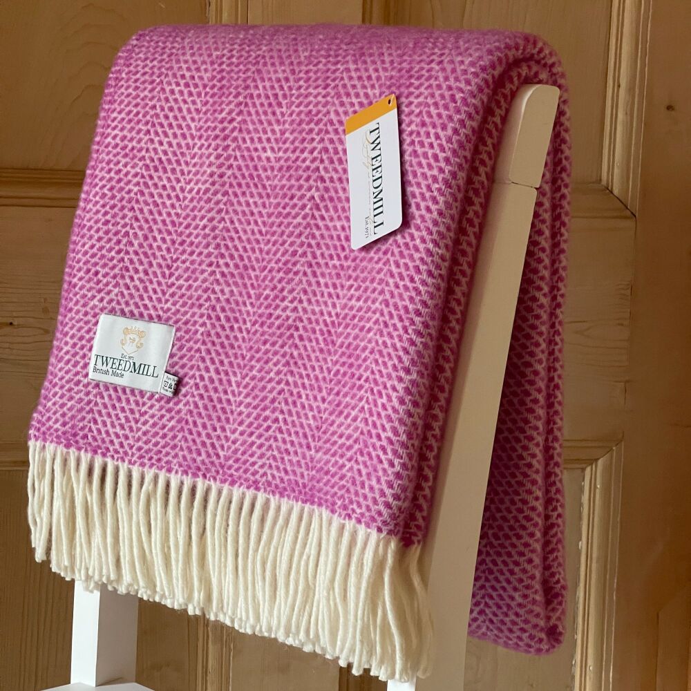 Tweedmill Rosa Cerise Pink Honeycomb Weave Pure New Wool Throw Blanket