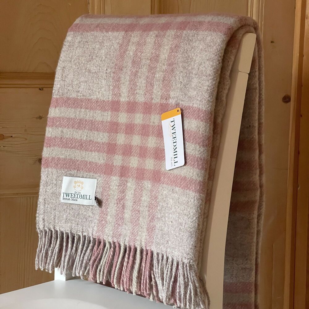 Tweedmill Beige & Dusky Pink Check Pure New Wool Throw/Blanket - Extra Larg
