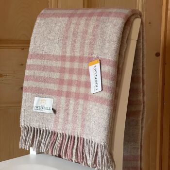 Tweedmill Beige & Dusky Pink Check Pure New Wool Throw/Blanket - Extra Large