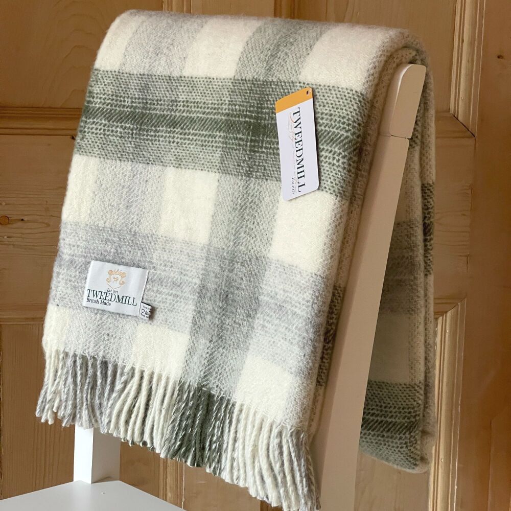 Tweedmill Meadow Check Olive Green & Cream Pure New Wool Throw Blanket