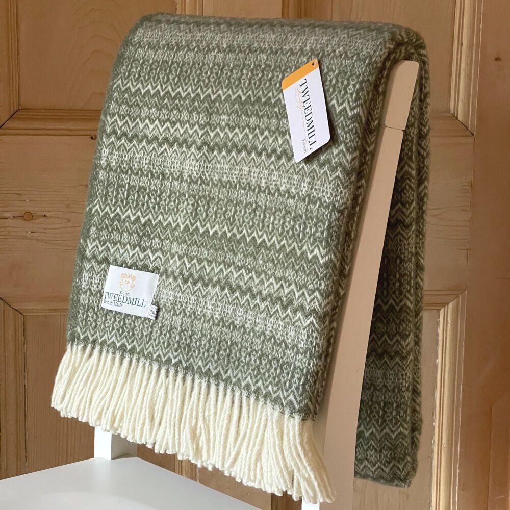 Tweedmill Fair Isle Pure New Wool Throw Blanket - Sage / Olive Green